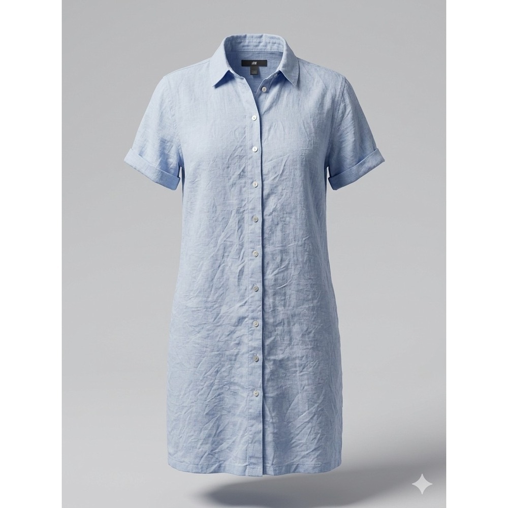 Tahari 100% Linen Shirt Dress Light Blue Button Front XS WITH POCKETS